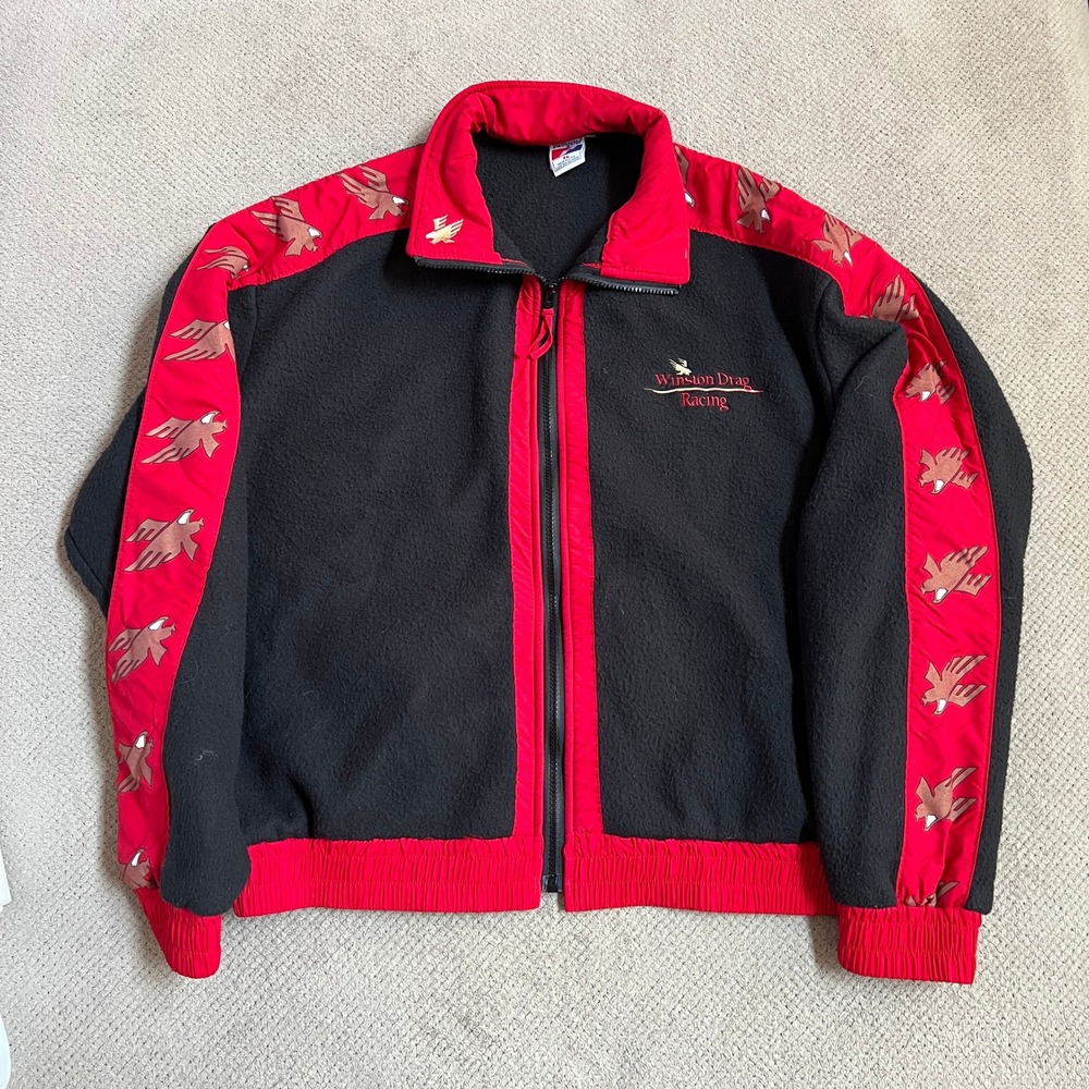 Vintage 1990s Swingster Winston Drag Racing Fleece Jacket Black Red Mens XL